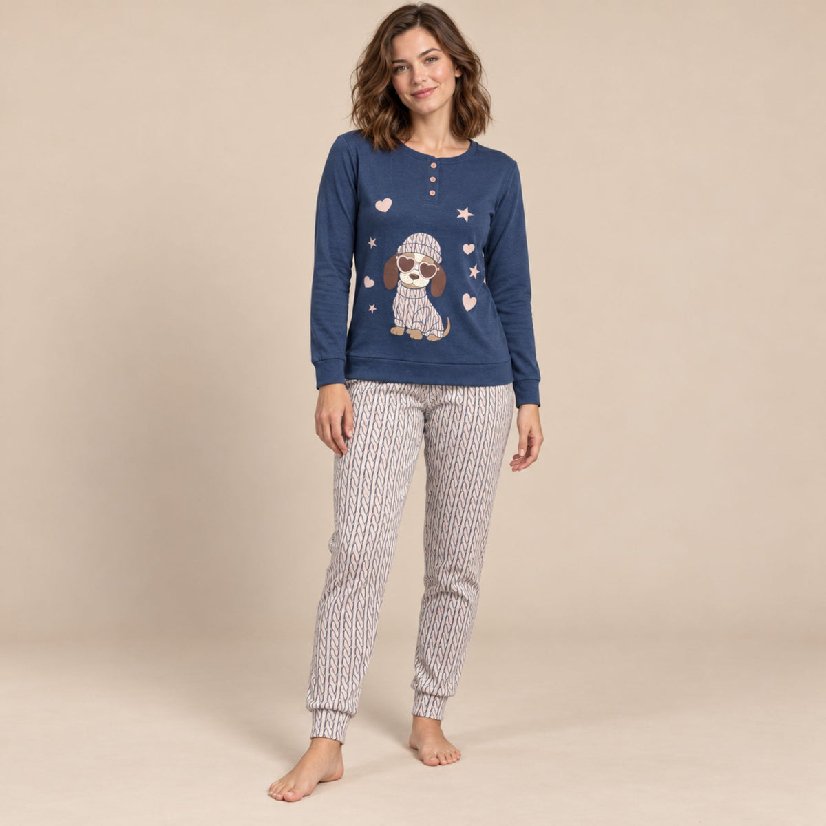 Pigiama donna caldo cotone cagnolino Biancaluna 26D90005