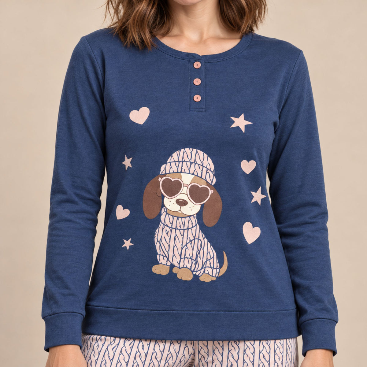 Pigiama donna caldo cotone cagnolino Biancaluna 26D90005