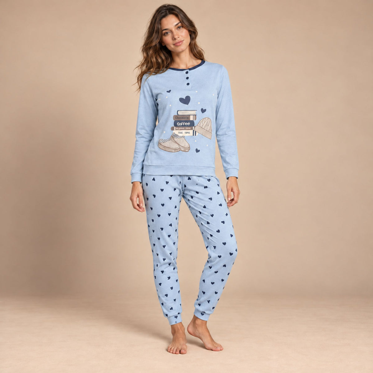 Pigiama donna in caldo cotone cuoricini Biancaluna 26D90021