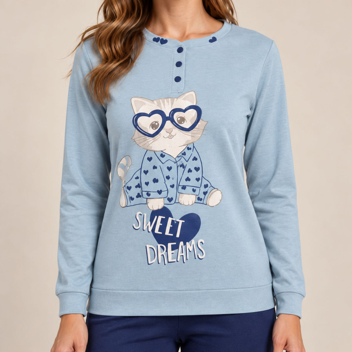 Pigiama donna caldo cotone con gattino Biancaluna 26D90022