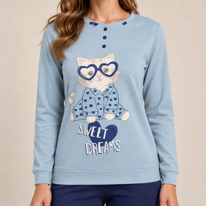 Pigiama donna caldo cotone con gattino Biancaluna 26D90022