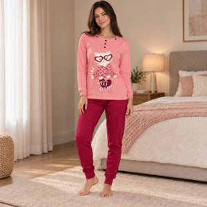 Pigiama donna caldo cotone con gattino Biancaluna 26D90022