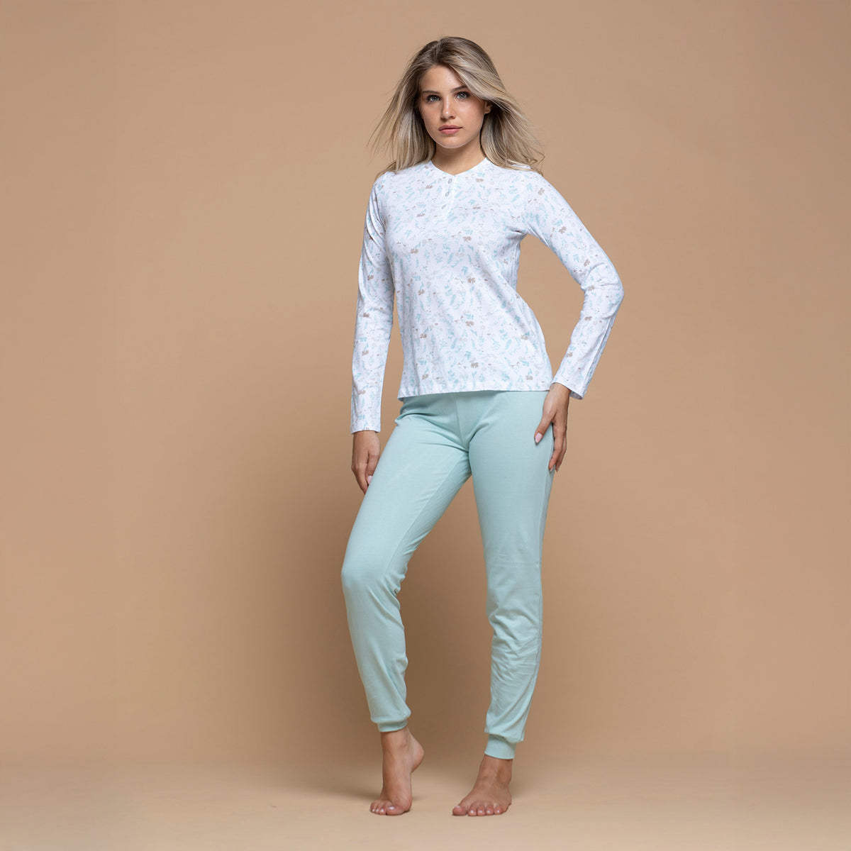Pigiama donna lungo scollo serafino cotone Biancaluna 26D91048