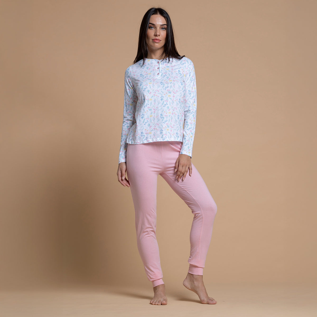 Pigiama donna lungo scollo serafino cotone Biancaluna 26D91048
