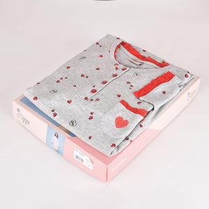 Camicia da notte caldo cotone Cippi grigio cuoricini pizzo rosso
