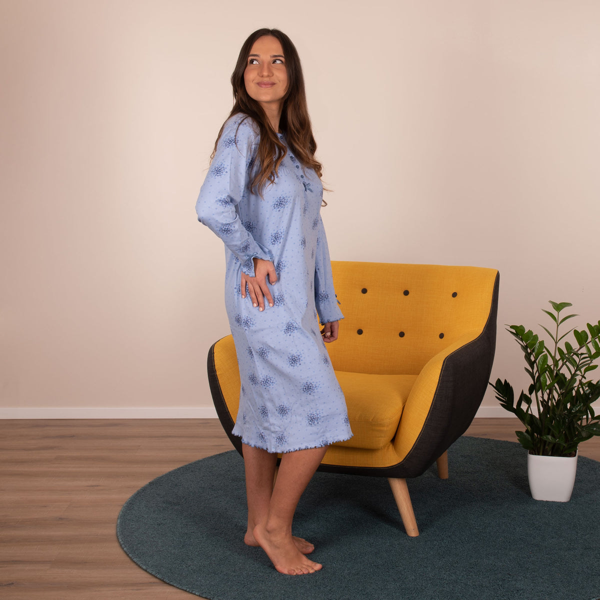 Camicia da notte caldo cotone conformata curvy celeste Cippi 3124