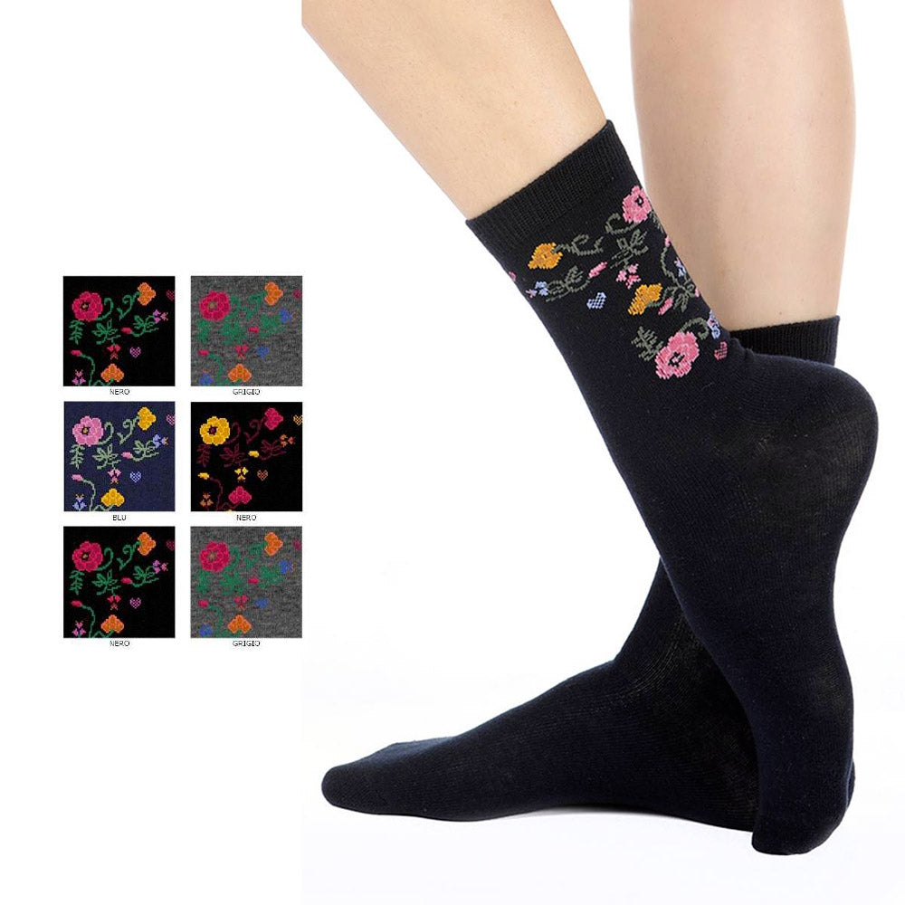Calze donna caldo cotone Meritex 3489 con fiorellini 6 paia
