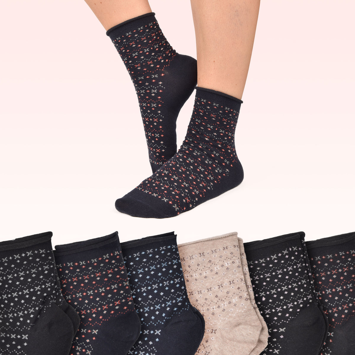 Calze corte assortite donna caldo cotone Meritex 3603 fantasia B 6 paia 