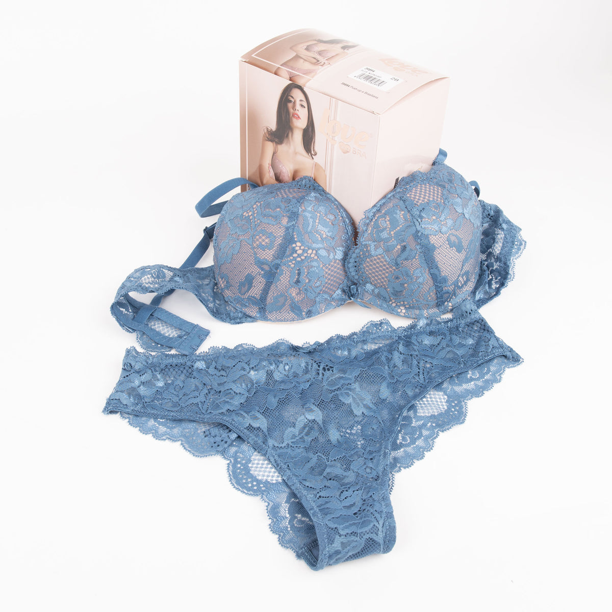Coordinato push up e brasiliana in pizzo bluette Love and bra 39894