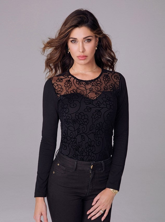 Maglia Jadea 4076 moda effetto trasparenza con ricamo nero 