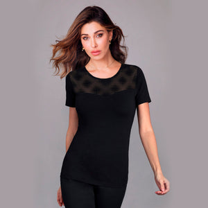 Maglia donna Jadea 4293 moda mezze maniche tulle floccato pois