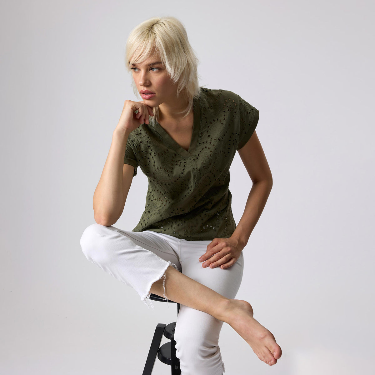 Maglia donna in Cotone con Maniche Corte e Pizzo San Gallo Jadea 4768