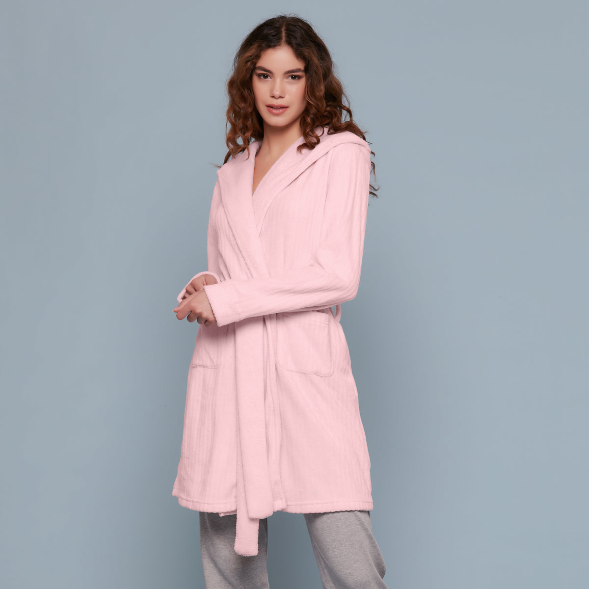 Giacca da camera vestaglia flanel rosa con cappuccio Cippi 4977