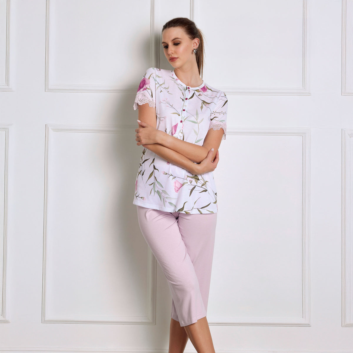 Pigiama donna cotone floreale pinocchietto Lunatica 51113