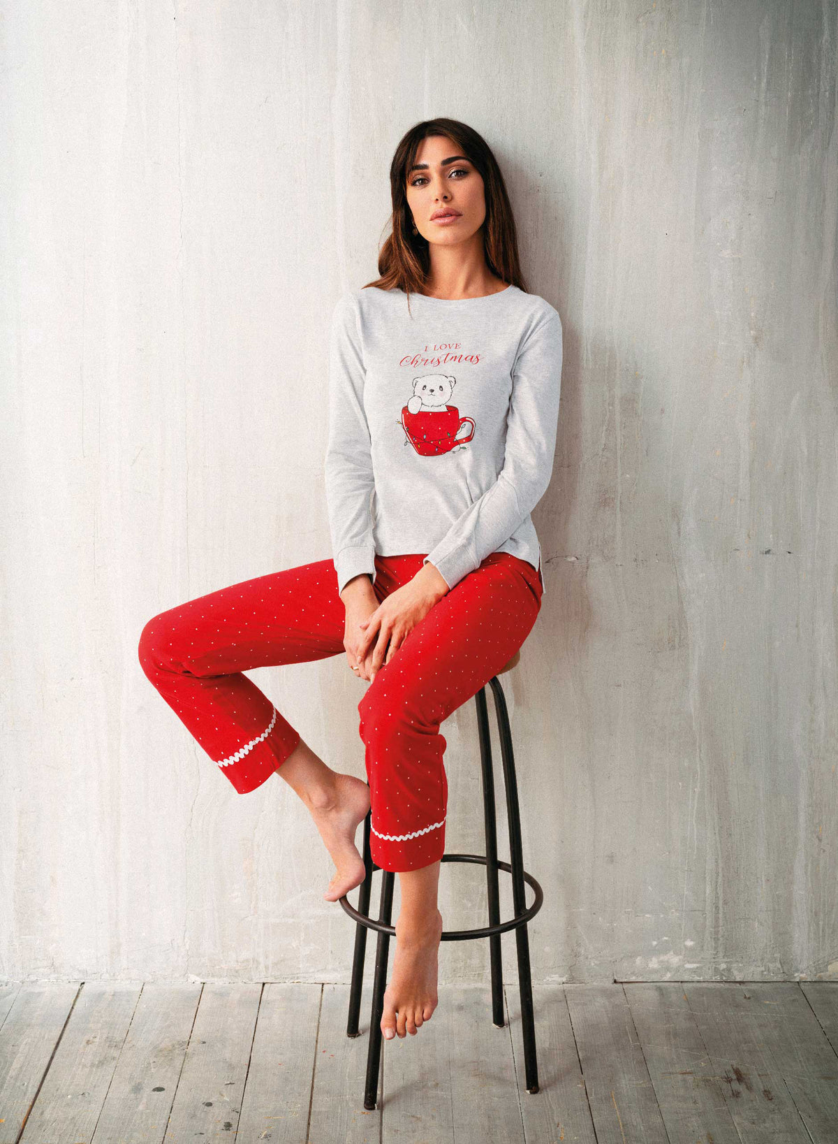 Pigiama donna Jadea caldo cotone Christmas Natale rosso 5168