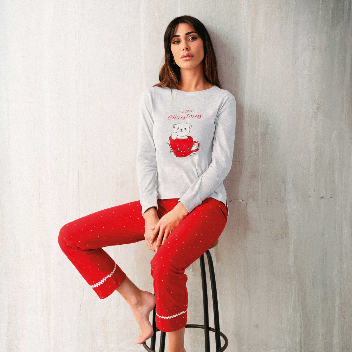 Pigiama donna Jadea caldo cotone Christmas Natale rosso 5168