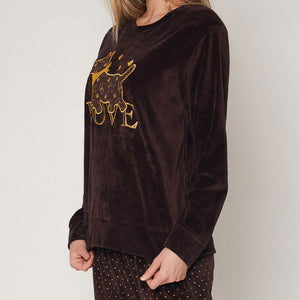 Pigiama donna cane e cuori oro ricamato in velluto marrone Admas 55853