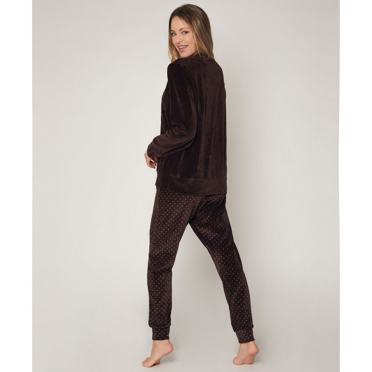 Pigiama donna cane e cuori oro ricamato in velluto marrone Admas 55853