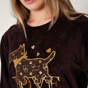 Pigiama donna cane e cuori oro ricamato in velluto marrone Admas 55853
