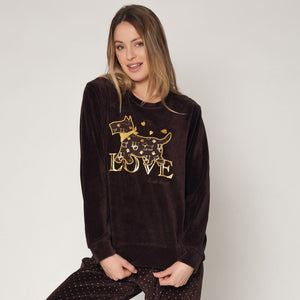 Pigiama donna cane e cuori oro ricamato in velluto marrone Admas 55853