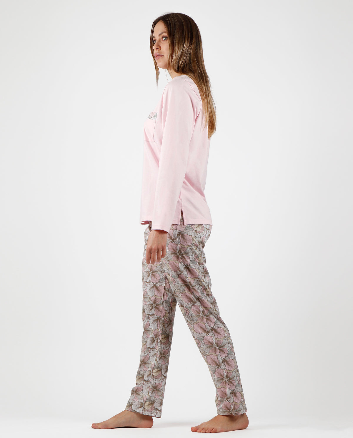 Pigiama donna classico raffinato in caldo cotone rosa fiori Admas 56193