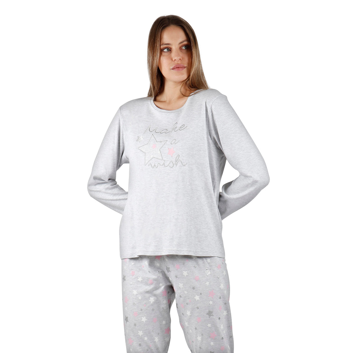 Pigiama donna stelle grigio rosa Admas 56220 invernale caldo cotone