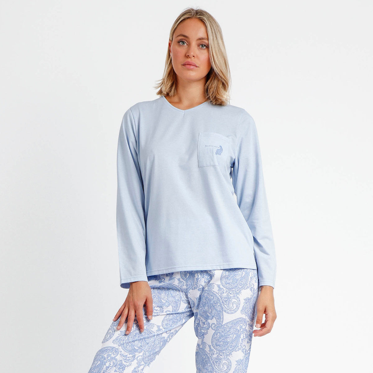 Pigiama donna Admas 60135 cotone celeste bianco