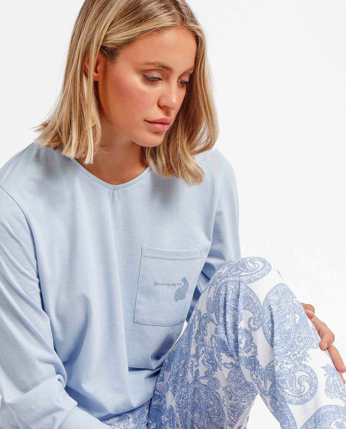 Pigiama donna Admas 60135 cotone celeste bianco