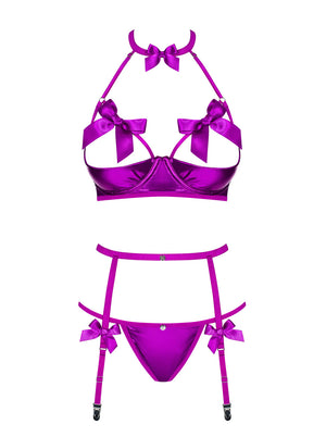 Sexy set Obsessive Delishya mezzo reggiseno perizoma e reggicalze viola 3 pz