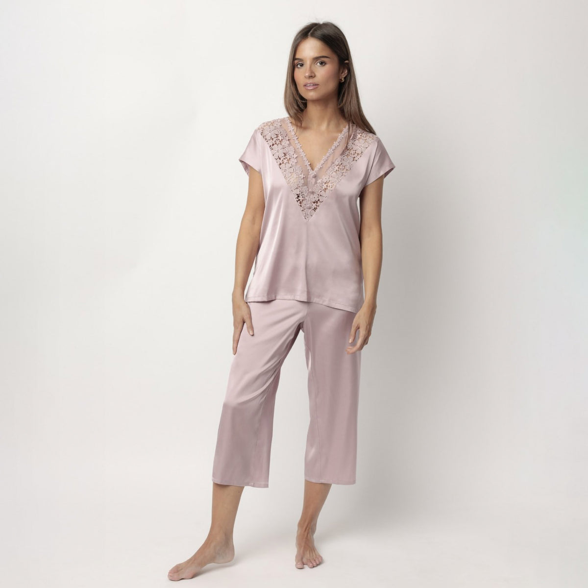 Pigiama donna raso scollo a v con pizzo crochet floreale Admas 63098