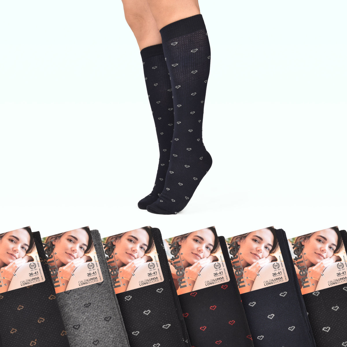 Calze Lunghe assortite donna caldo cotone Meritex 6601 fantasia A 6 paia 