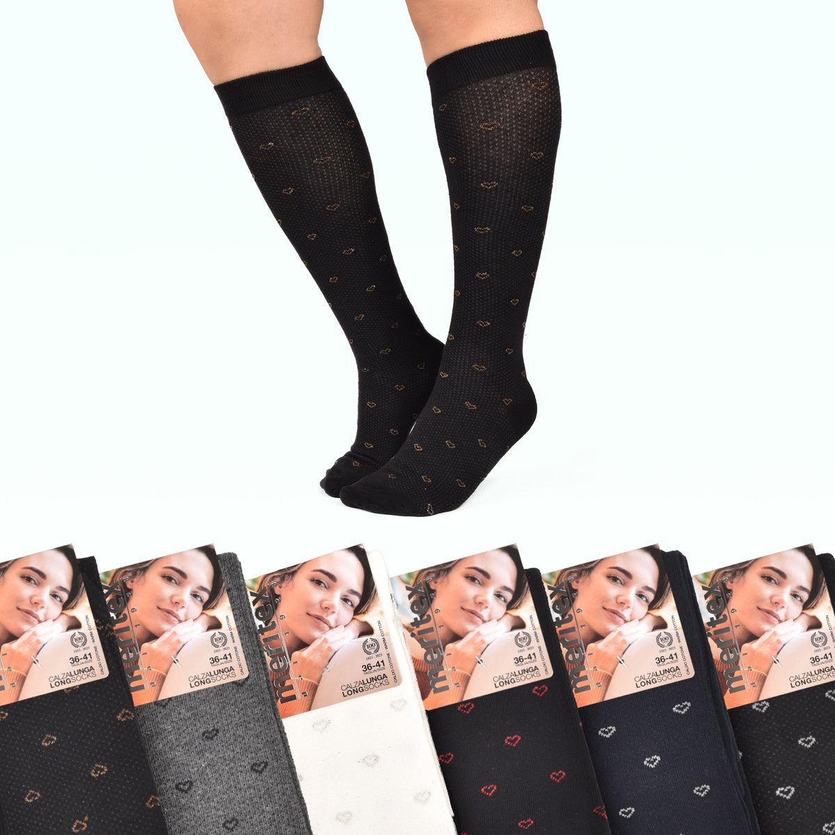 Calze Lunghe assortite donna caldo cotone Meritex 6601 fantasia B 6 paia 