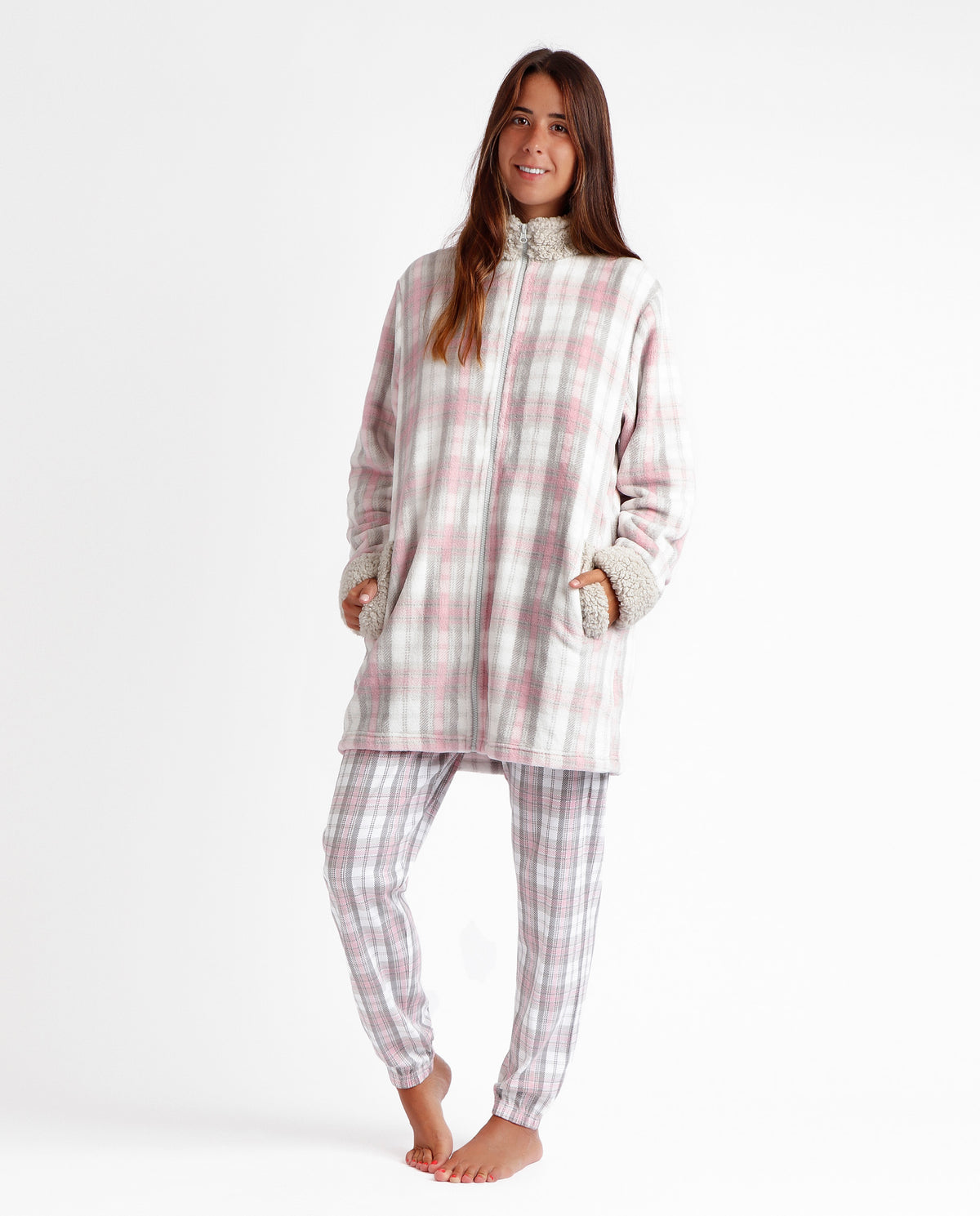 Vestaglia con zip a collo alto in coral a quadri Admas 67073