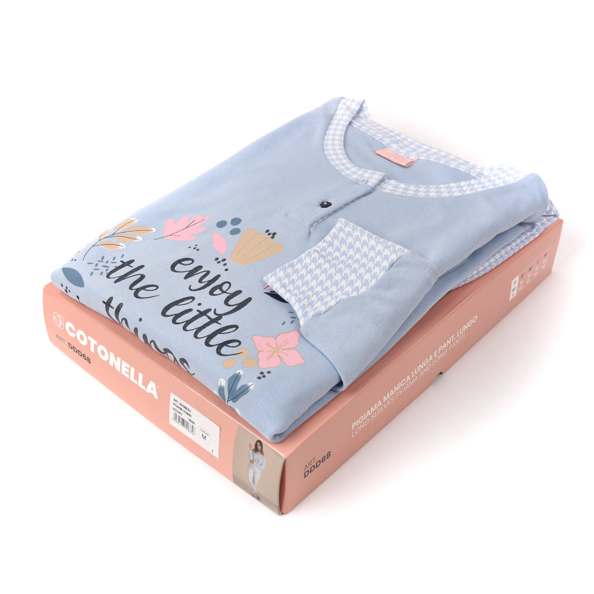 Pigiama donna invernale celeste panna interlock Cotonella DDD68