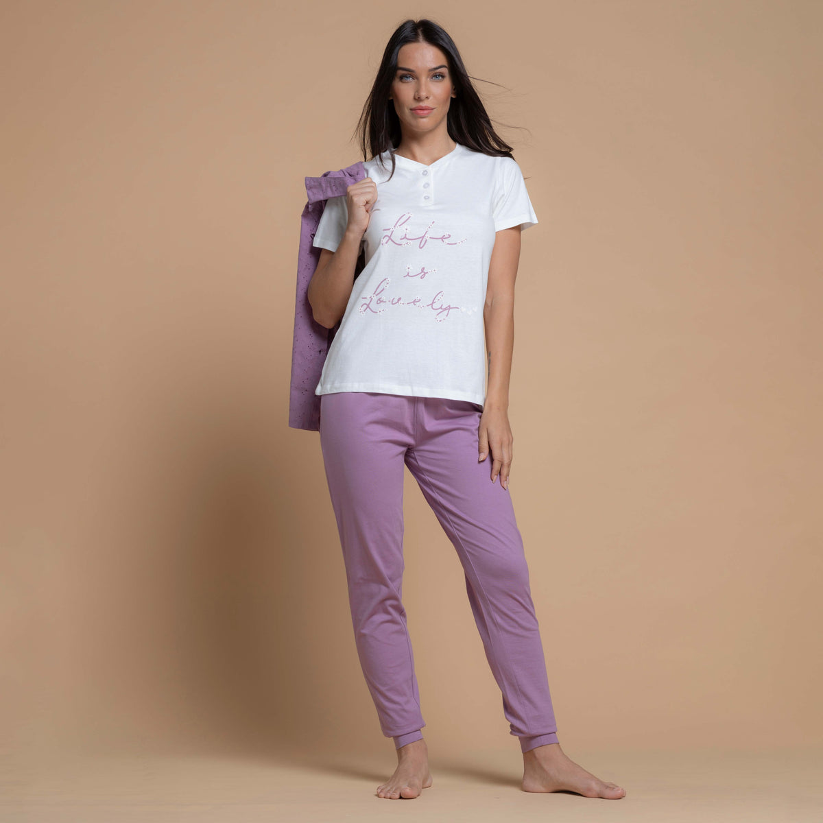 Pigiama donna cotone leggero e pizzo sangallo Biancaluna 26D91068 3 pezzi
