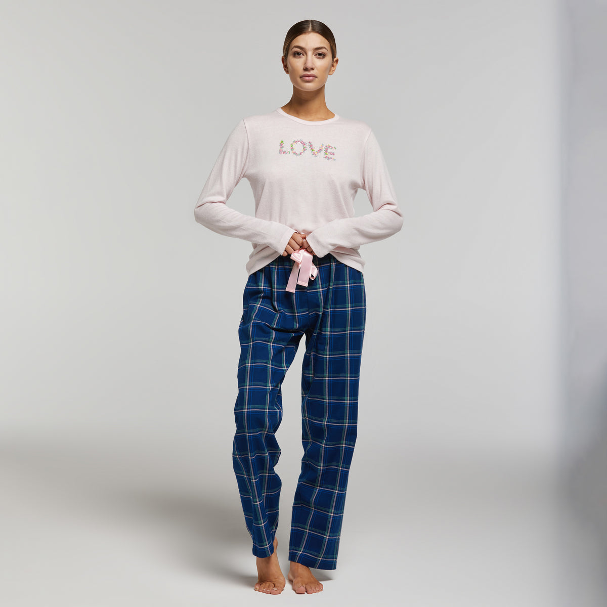 Pigiama Donna cotone maglia Love e pantalone fantasia tartan Bianca Pompea