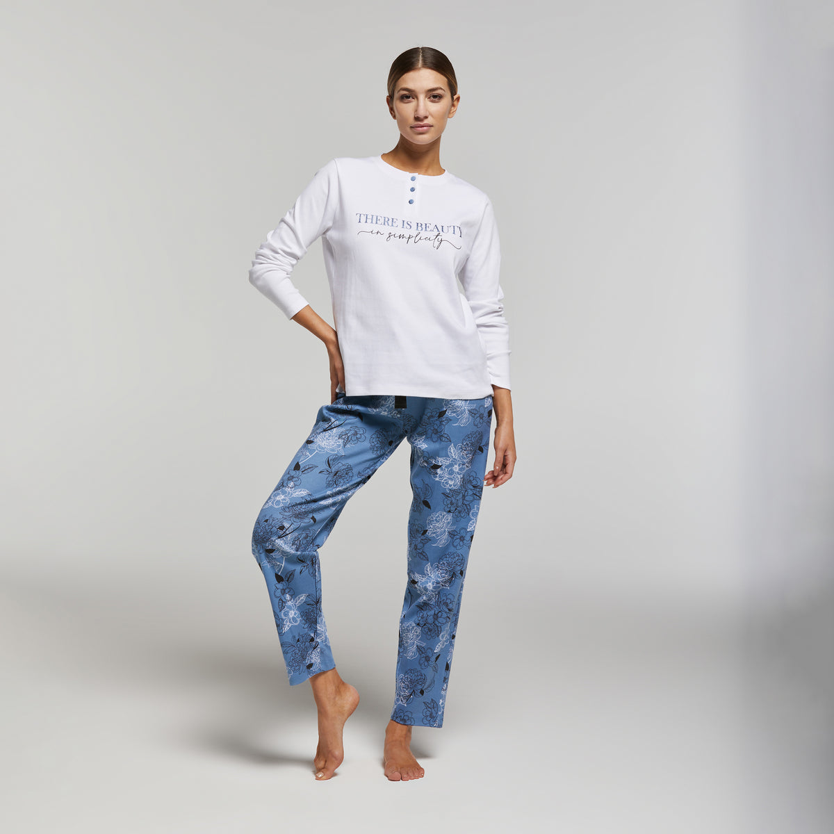 Pigiama Donna in Caldo Cotone pantalone a fantasia floreale Pompea Viola