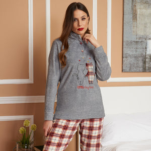 Pigiama donna invernale coral gattini fantasia quadretti grigio orchidea Karelpiù SE3478