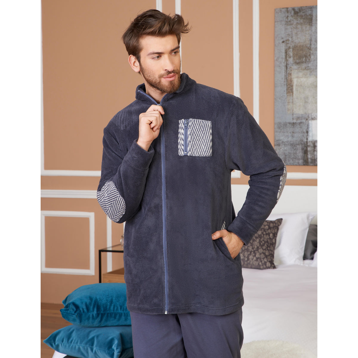 Giacca da camera uomo vestaglia zip caldissima Karel blu SE3486