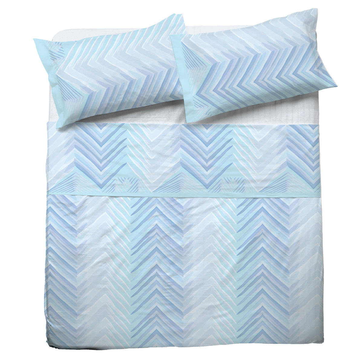 Completo letto Pompea Zigzag lenzuola sopra sotto con angoli federa blu