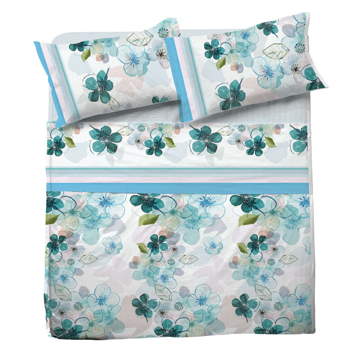 Completo letto Pompea Freedom lenzuola sopra sotto con angoli federa azzurro