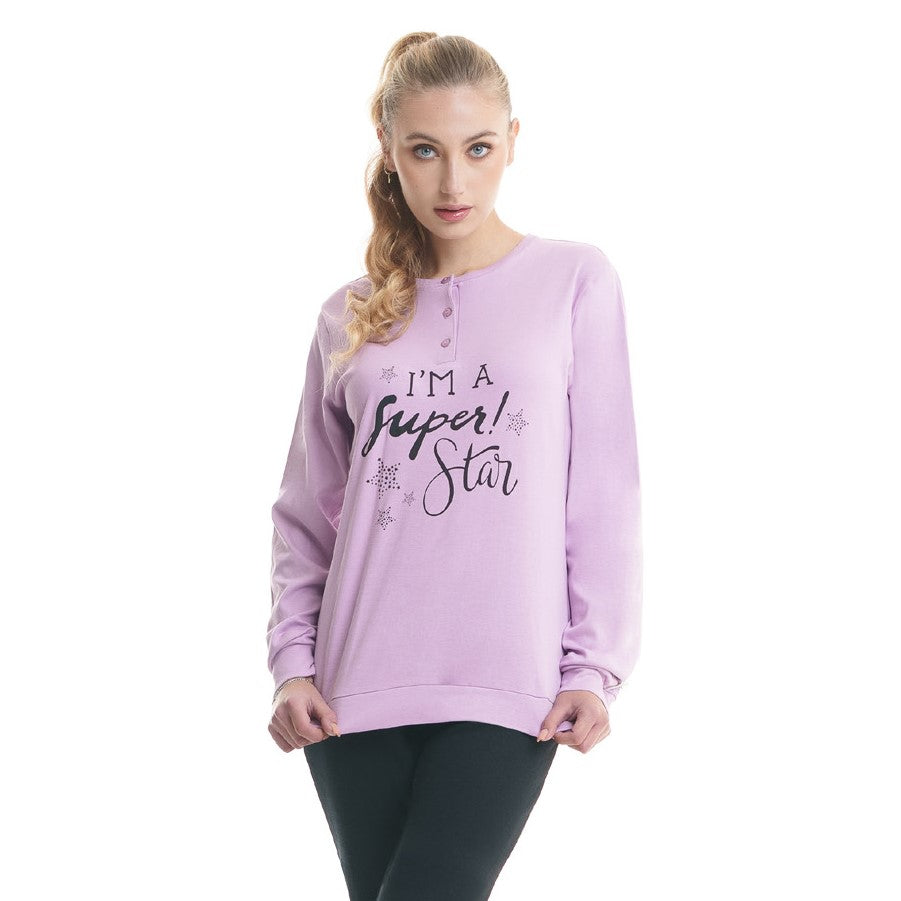 Pigiama donna caldo cotone rosa nero con scritta Ambro D6013.22 var b
