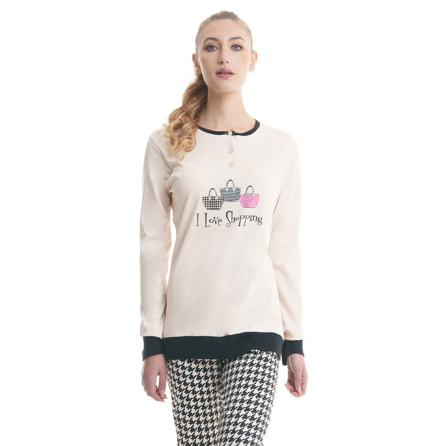 Pigiama donna caldo cotone cipria e nero Ambro D6018.22