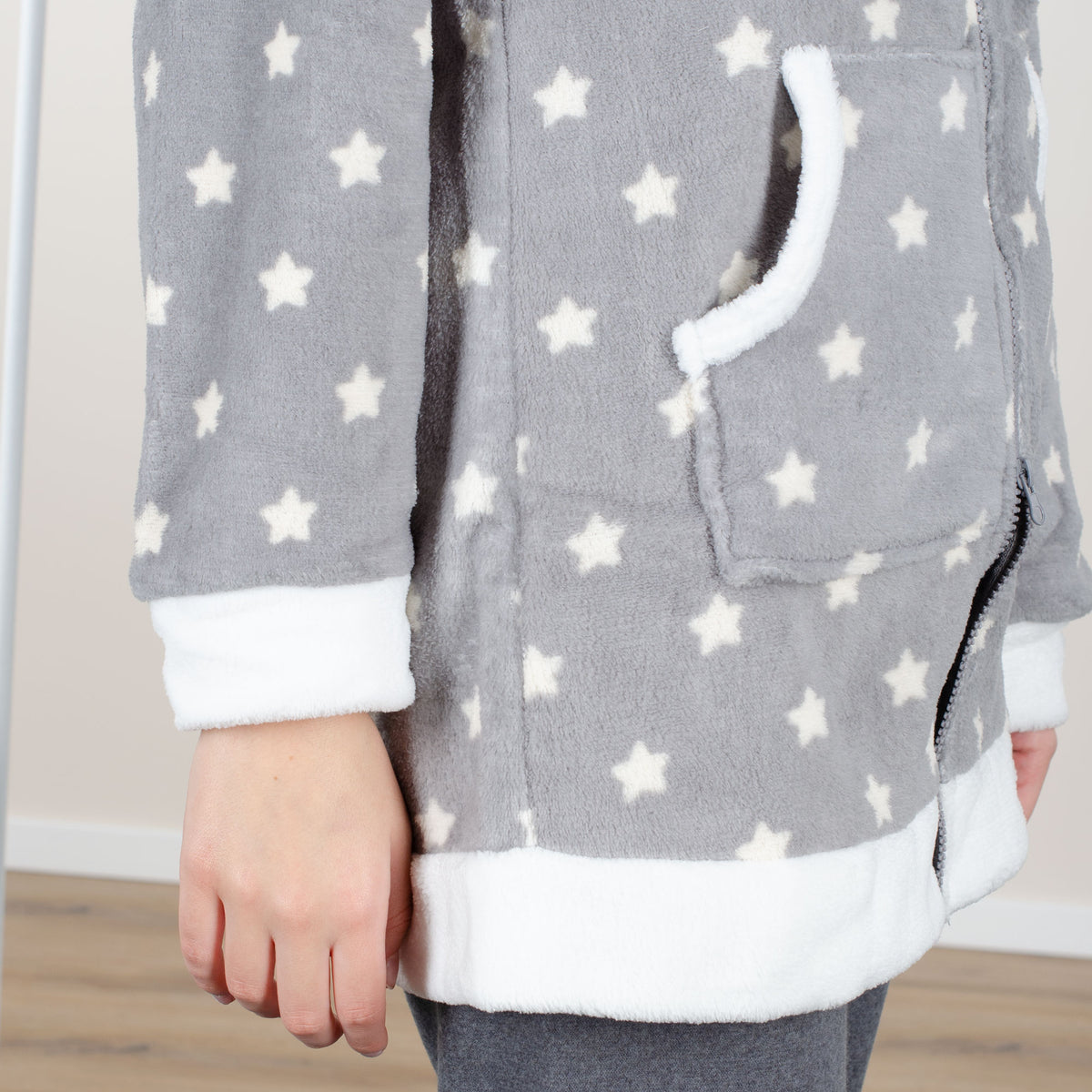 Giacca da camera coral fleece cappuccio Biancaluna D33006 grigio