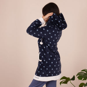 Giacca da camera coral fleece cappuccio Biancaluna D33006 blu