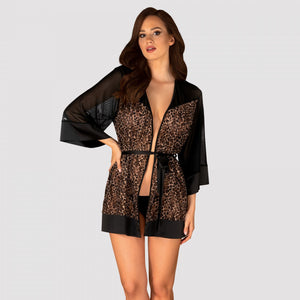 Vestaglietta sexy kimono nero trasparente leopardato Obsessive Allunes