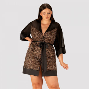 Vestaglietta sexy kimono nero trasparente leopardato Obsessive Allunes