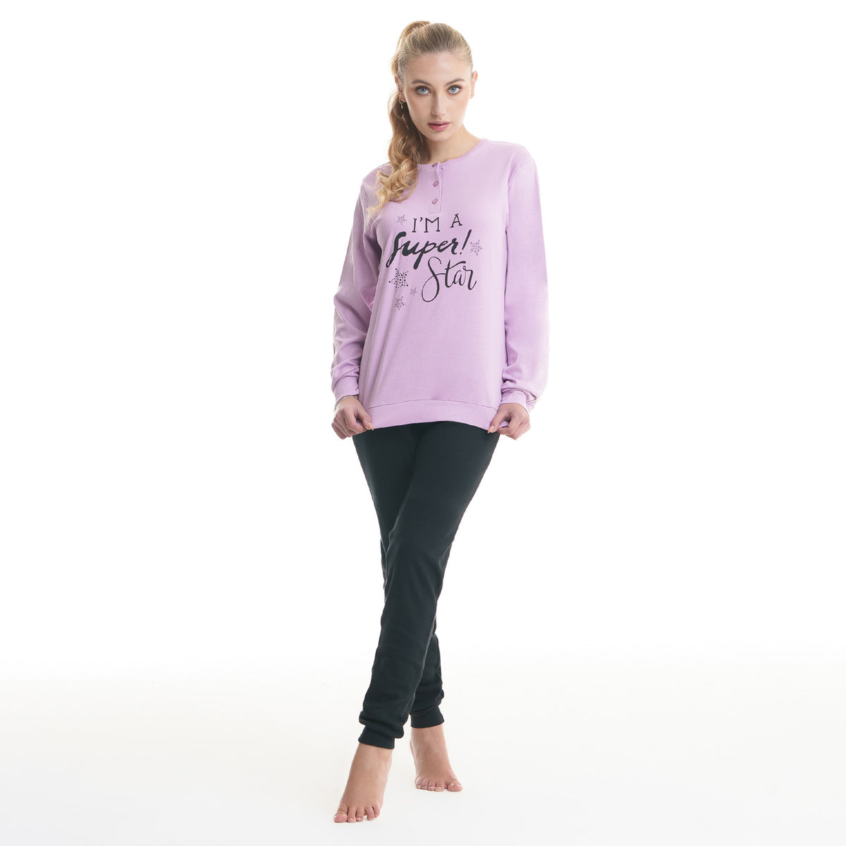Pigiama donna caldo cotone rosa nero con scritta Ambro D6013.22 var b