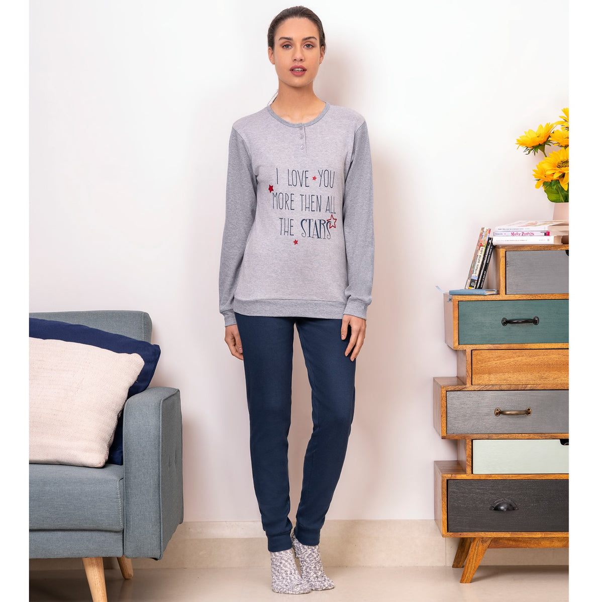 Pigiama donna Ambro blu grigio caldo cotone 610.21 serafino
