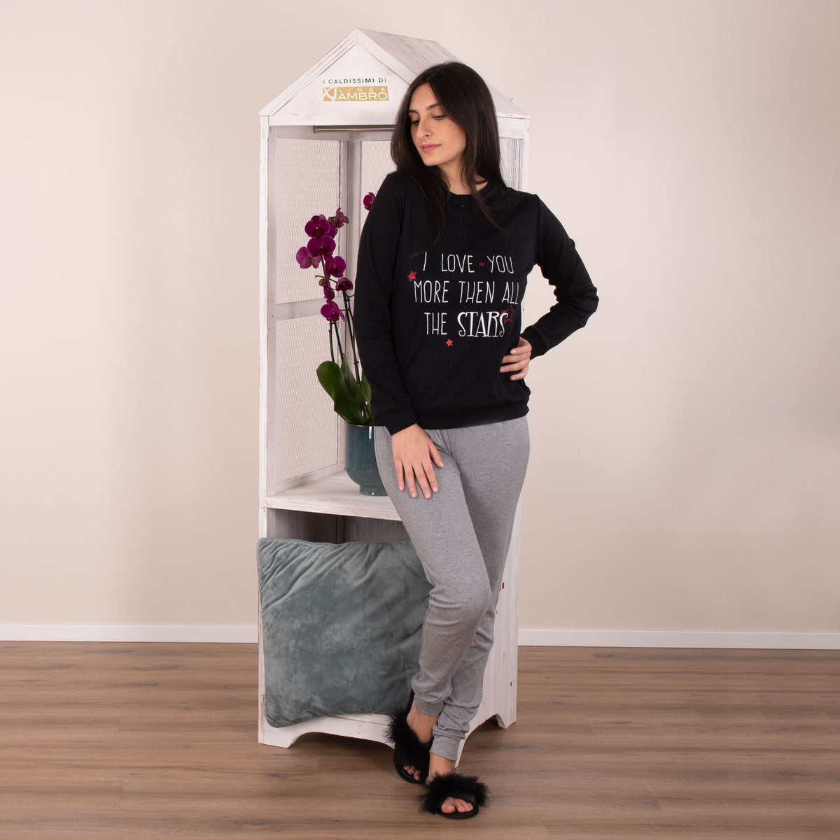 Pigiama donna Ambro nero grigio caldo cotone 610.21 serafino